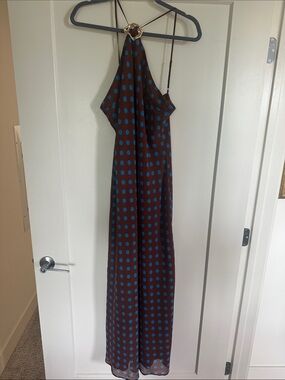 By Anthropologie brown Halter Maxi Dress with Blue Polka Dots size large